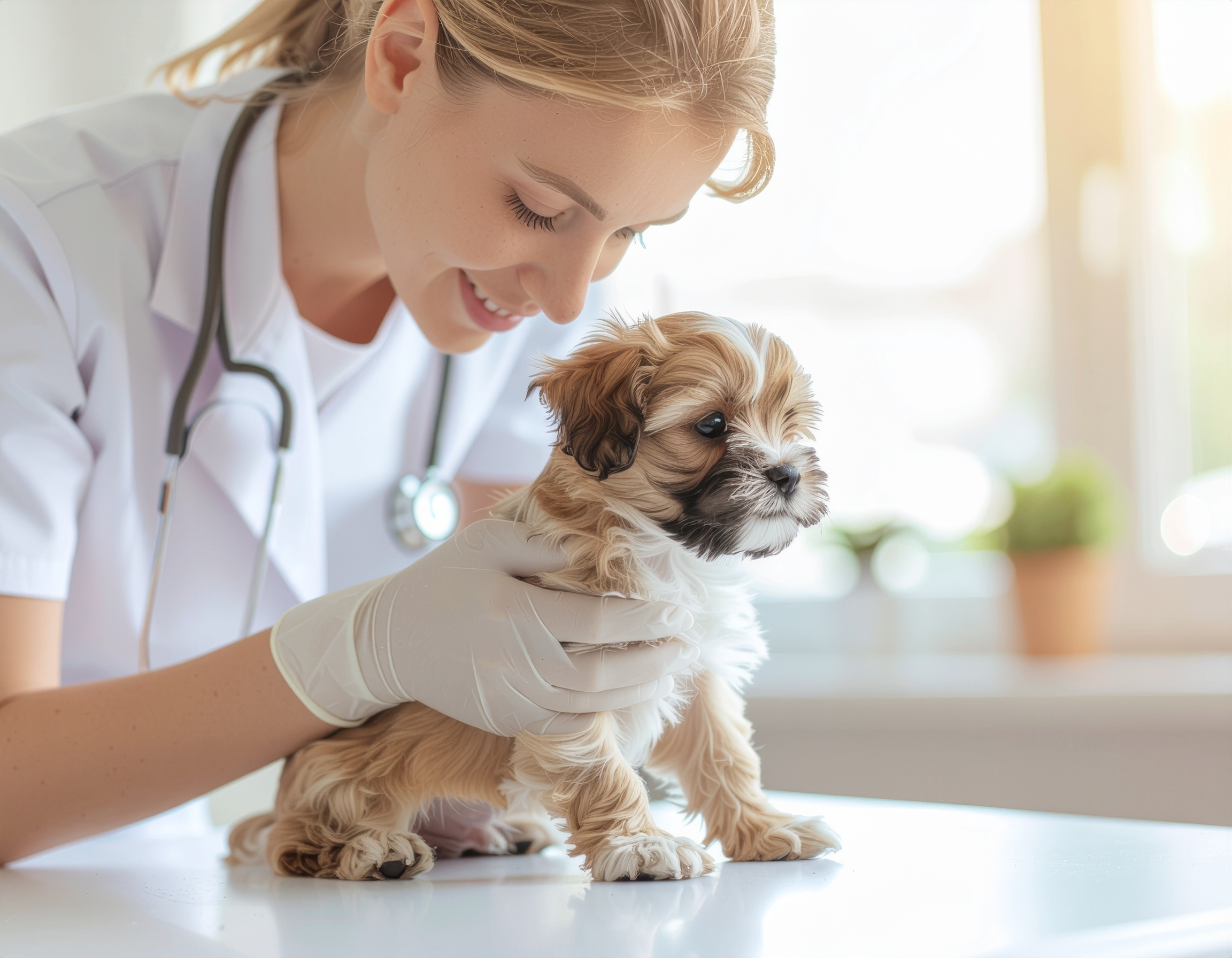 Veterinária sorridente examina filhote de cachorro em um consultório iluminado. O ambiente é claro, com luz natural suave entrando pela janela, criando uma atmosfera acolhedora. O foco está no filhote, com a profissional em segundo plano, proporcionando uma composição harmoniosa.